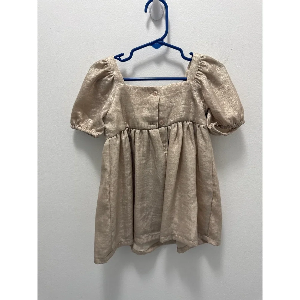 Baby Gap Toddler Girls Gold Metallic Shimmer Bow Puff Sleeve Dress Size 2 Years